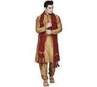 SKAVIJ Men's Dupion Silk Embroidered Kurta Set with Scarf Woven Design Thread Work 3-Piece Ethnic Dress (KP031brown_Brown_M)