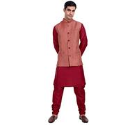 SKAVIJ Men's Dupion Silk Kurta Pajama with Nehru Jacket (Waistcoat) Set Indian Traditional Wedding Ethnic Outfit (X-Large, Red)