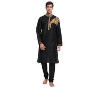 SKAVIJ Men's Dupion Silk Thread Work Kurta Pajama Ethnic Motifs Floral Ethnic Dress (KP073black_Black_S)