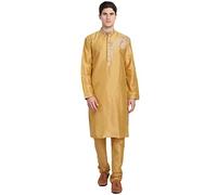 SKAVIJ Men's Dupion Silk Thread Work Kurta Pajama Ethnic Motifs Floral Ethnic Dress (KP073gold_Gold_S)