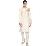 SKAVIJ Men's Dupion Silk Thread Work Kurta Pajama Ethnic Motifs Floral Ethnic Dress (KP073offwhite_Off White_XL)