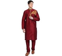 SKAVIJ Men's Dupion Silk Thread Work Kurta Pajama Ethnic Motifs Floral Ethnic Dress (KP073red_Red_XL)