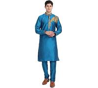 SKAVIJ Men's Dupion Silk Thread Work Kurta Pajama Ethnic Motifs Floral Ethnic Dress (KP073turquoise_Turquoise_S)