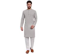 SKAVIJ Men's Handloom Cotton Solid Kurta Pajama Set Round Neck Casual Dress (KP117grey_Grey_S)