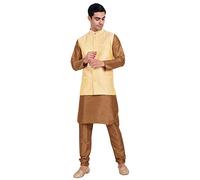 SKAVIJ Men's Indian Dupion Silk Kurta Pajama And Nehru Jacket (Waistcoat) Set for Wedding (Large, Beige)