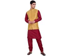 SKAVIJ Men's Indian Dupion Silk Kurta Pajama And Nehru Jacket (Waistcoat) Set for Wedding (Large, Gold)