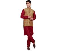 SKAVIJ Men's Indian Dupion Silk Kurta Pajama And Nehru Jacket (Waistcoat) Set for Wedding (Medium, Brown)