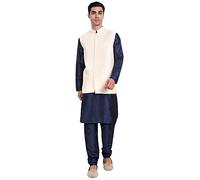SKAVIJ Men's Indian Dupion Silk Kurta Pajama And Nehru Jacket (Waistcoat) Set for Wedding (Medium, Off White)