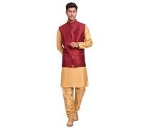 SKAVIJ Men's Indian Dupion Silk Kurta Pajama And Nehru Jacket (Waistcoat) Set for Wedding (X-Large, Red)