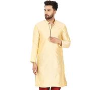 SKAVIJ Men's Indian Wedding Art Silk Kurta Long Shirt Traditional Wear Beige_Small