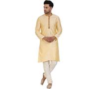 SKAVIJ Men's Jacquard Silk Embroidered Kurta Pajama Set Thread Work Ethnic Party Dress (KP037beige_Beige_M)