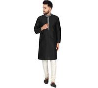 SKAVIJ Men's Jacquard Silk Embroidered Kurta Pajama Set Thread Work Ethnic Party Dress (KP037black_Black_XL)