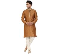 SKAVIJ Men's Jacquard Silk Embroidered Kurta Pajama Set Thread Work Ethnic Party Dress (KP037brown_Brown_S)