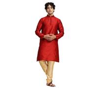 SKAVIJ Men's Jacquard Silk Embroidered Kurta Pyjama Set Paisley Thread Work Festive Party Dress (KP023red_Red_S)
