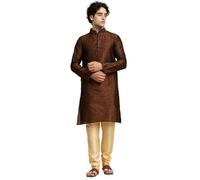 SKAVIJ Men's Jacquard Silk Embroidered Kurta Pyjama Set Paisley Thread Work Festive Party Dress (KP023darkbrown_dark_brown_S)