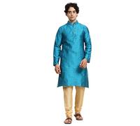 SKAVIJ Men's Jacquard Silk Embroidered Kurta Pyjama Set Paisley Thread Work Festive Party Dress (KP023turquoise_Turquoise_S)