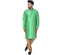 SKAVIJ Men's Jacquard Silk Embroidered Kurta Pyjama Set Paisley Thread Work Festive Party Dress (KP056green_Green_L)