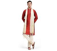 SKAVIJ Men's Jacquard Silk Woven Design Kurta Pajama and Scarf Set Ethnic Motifs 3-Piece Festive Dress (KP132red_Red_XL)