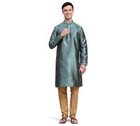 SKAVIJ Men's Jacquard Silk Woven Design Kurta Pajama Set Ethnic Motifs Long Sleeves Ethnic Dress (KP131green_Green_S)