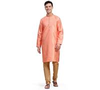 SKAVIJ Men's Jacquard Silk Woven Design Kurta Pajama Set Ethnic Motifs Long Sleeves Ethnic Dress (KP131red_Red_L)