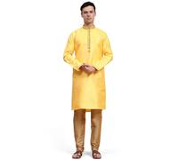 SKAVIJ Men's Jacquard Silk Woven Design Kurta Pajama Set Ethnic Motifs Long Sleeves Ethnic Dress (KP131gold_Gold_M)