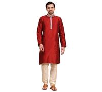 SKAVIJ Men's Kurta Pajama Set Art Silk Wedding Party Dress Red L