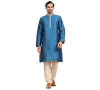 SKAVIJ Men's Kurta Pajama Set Art Silk Wedding Party Dress Turquoise S