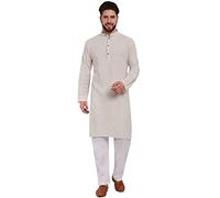 SKAVIJ Men's Longline Kurta Pajama Long Sleeve Indian Outfit (Offwhite,X-Large)