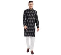 SKAVIJ Men's Pure Cotton Printed Kurta Pajama Set Ikat Design Casual Ethnic Dress (KP118black_Black_XL)