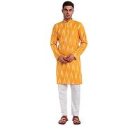 SKAVIJ Men's Pure Cotton Printed Kurta Pajama Set Ikat Design Casual Ethnic Dress (KP118gold_Gold_L)