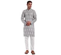 SKAVIJ Men's Pure Cotton Printed Kurta Pajama Set Ikat Design Casual Ethnic Dress (KP118grey_Grey_M)