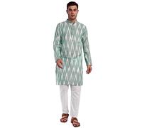 SKAVIJ Men's Pure Cotton Printed Kurta Pajama Set Ikat Design Casual Ethnic Dress (KP118olivegreen_Olive Green_L)