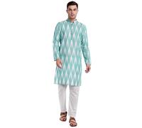 SKAVIJ Men's Pure Cotton Printed Kurta Pajama Set Ikat Design Casual Ethnic Dress (KP118seagreen_Sea_Green_L)