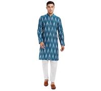 SKAVIJ Men's Pure Cotton Printed Kurta Pajama Set Ikat Design Casual Ethnic Dress (KP118turquoise_Turquoise_XL)