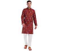 SKAVIJ Men's Pure Cotton Printed Kurta Pajama Set Ikat Design Casual Ethnic Dress (KP119maroon_Maroon_XL)
