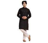 SKAVIJ Men's Pure Cotton Solid Kurta Pajama Set Mandarin Collar Daily Wear Casual Yoga Dress (KP022black_Black_2XL)