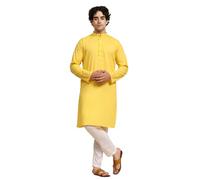 SKAVIJ Men's Pure Cotton Solid Kurta Pajama Set Mandarin Collar Daily Wear Casual Yoga Dress (KP022gold_Gold_2XL)