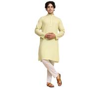 SKAVIJ Men's Pure Cotton Solid Kurta Pajama Set Mandarin Collar Daily Wear Casual Yoga Dress (KP022lemon_Lemon_XXL)