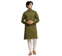 SKAVIJ Men's Pure Cotton Solid Kurta Pajama Set Mandarin Collar Daily Wear Casual Yoga Dress (KP022olivegreen_Olive Green_XL)