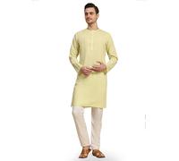 SKAVIJ Men's Pure Cotton Solid Kurta Pajama Set Round Neck Daily Wear Casual Yoga Dress (KP096lemon_Lemon_L)