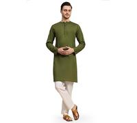 SKAVIJ Men's Pure Cotton Solid Kurta Pajama Set Round Neck Daily Wear Casual Yoga Dress (KP096olivegreen_Olive Green_XL)