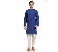 SKAVIJ Men's Pure Cotton Solid Kurta Pajama Set Round Neck Daily Wear Casual Yoga Dress (KP096royalblue_Royal Blue_L)