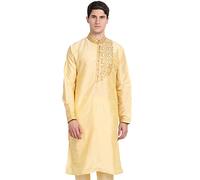 SKAVIJ Men's Tunic Art Silk Long Shirt Embroidered Indian Kurta Traditional Ethnic Wear Beige_Large (M-K072_beige_L)