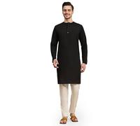 SKAVIJ Men's Tunic Cotton Kurta Pajama Set Indian Traditional Ethnic Attire Regular Outfit Black S