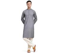 SKAVIJ Men's Viscose Rayon Embroidered Kurta Pajama Set Ethnic Motifs Thread Work Party Dress (KP128grey_Grey_S)