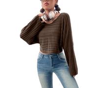 SKAYS Womens Off The Shoulder Cropped Sweater Fall Ribbed Knit Batwing Sleeve Boat Neck Pullover Sweaters Tops, Brown, M