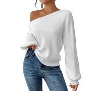 SKAYS Womens Off The Shoulder Sweater Asymmetrical Neck Fall Ribbed Knit Long Sleeve Pullover Sweaters Lightweight Top, White, Small