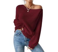 SKAYS Womens Off The Shoulder Sweater Asymmetrical Neck Fall Ribbed Knit Long Sleeve Pullover Sweaters Lightweight Top, Burgundy, M