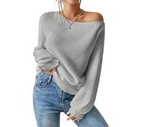 SKAYS Womens Off The Shoulder Sweater Asymmetrical Neck Fall Ribbed Knit Long Sleeve Pullover Sweaters Lightweight Top, Grey, Small