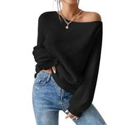 SKAYS Womens Off The Shoulder Sweater Asymmetrical Neck Fall Ribbed Knit Long Sleeve Pullover Sweaters Lightweight Top, Black, Small